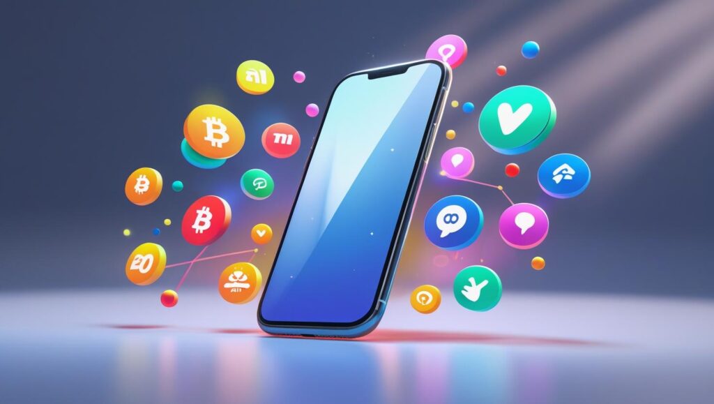 Smartphone surrounded by floating icons representing AI, crypto, social media, and education.