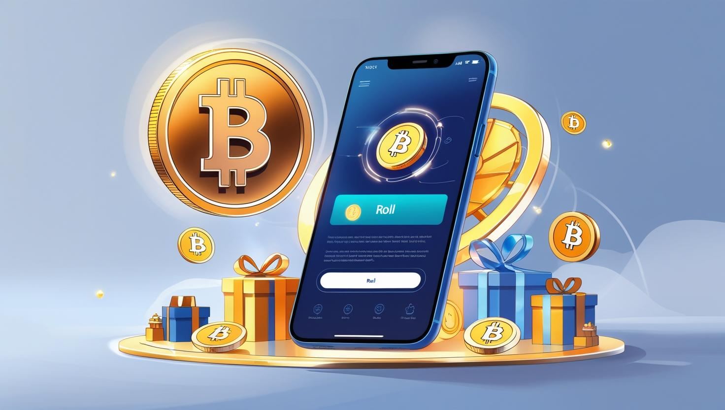 Smartphone showing FreeBitco.in app interface with glowing Bitcoin coin, reward icons, and wheel of fortune representing free Bitcoin earning and bonuses.