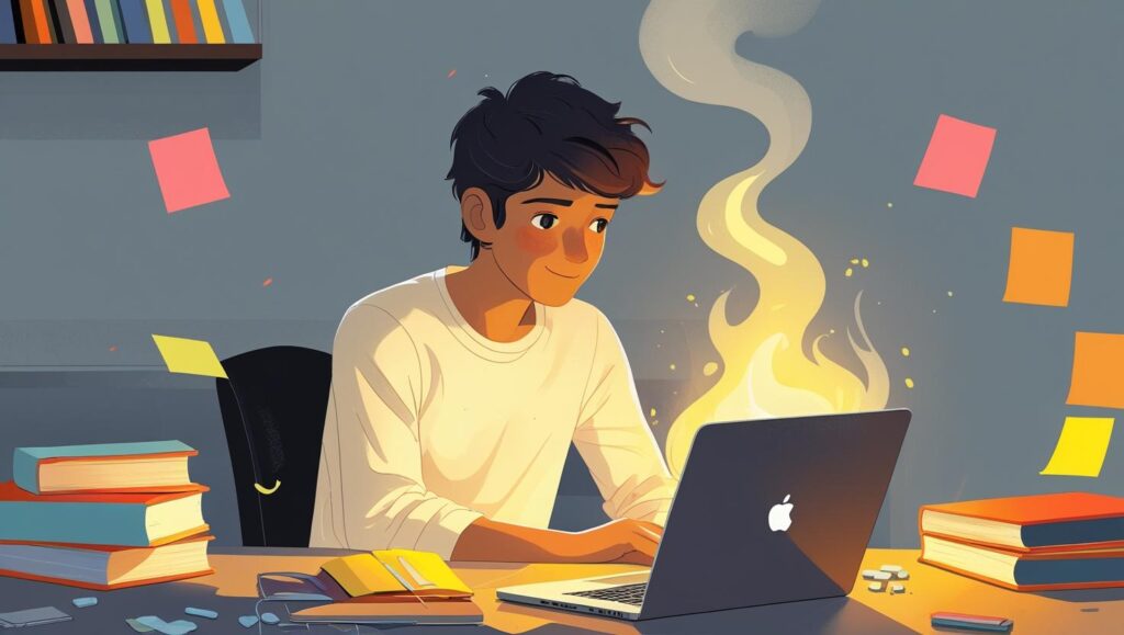 Person with empty pockets looking at a glowing laptop screen, surrounded by scattered tools like books and sticky notes.