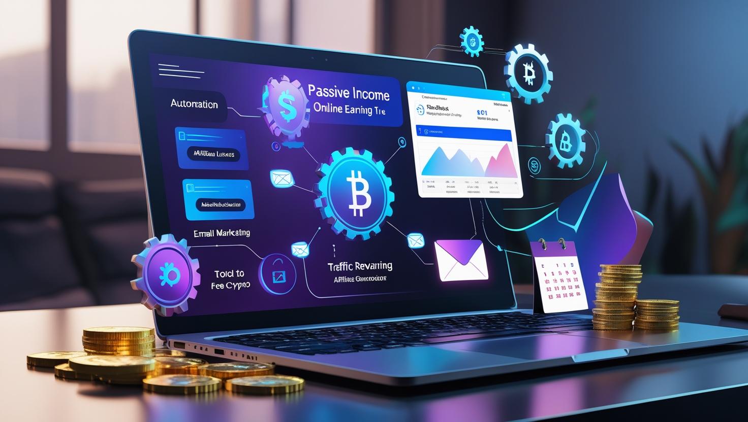 Illustration of crypto tools, affiliate dashboards, and traffic analytics used to build passive income online