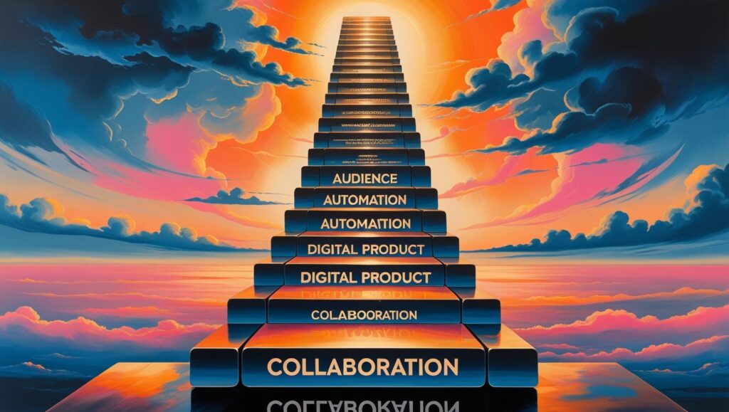 Ladder made of content blocks leading to a glowing horizon.