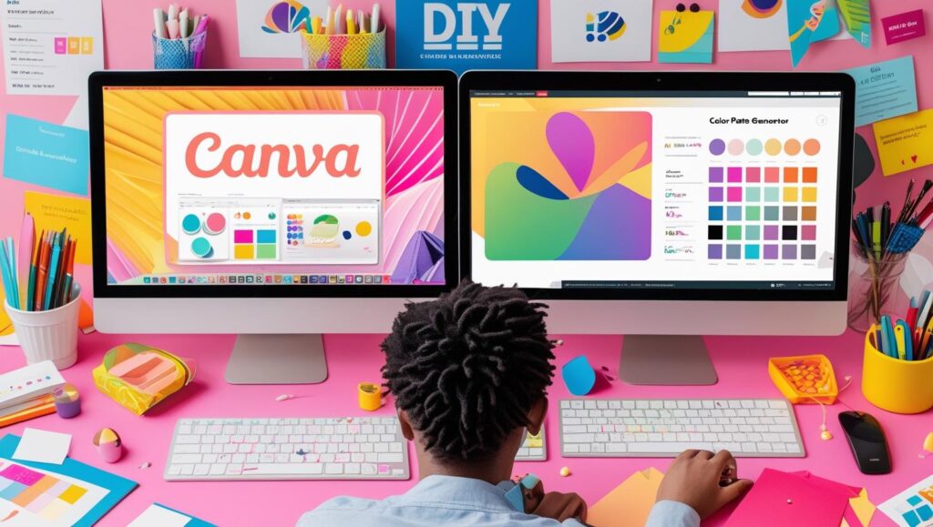 Split-screen showing Canva, ChatGPT, and color palette generators in action.