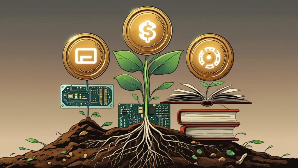 Coins planted in soil growing into tools like domain names and upgraded software.