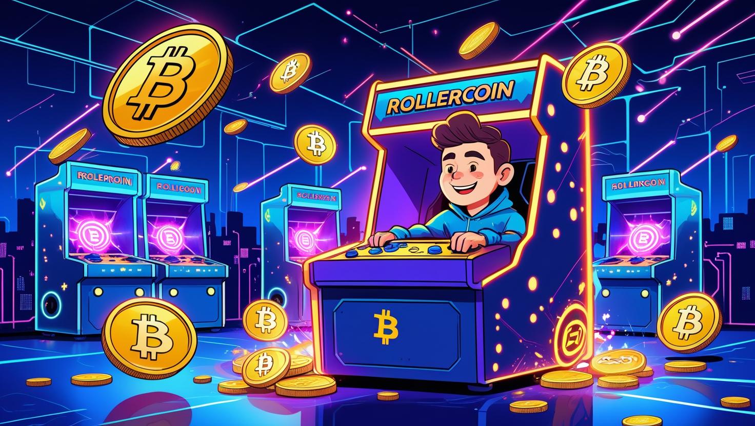 Gamer playing RollerCoin arcade-style crypto mining game with BTC, ETH, and DOGE tokens floating around in a colorful digital room